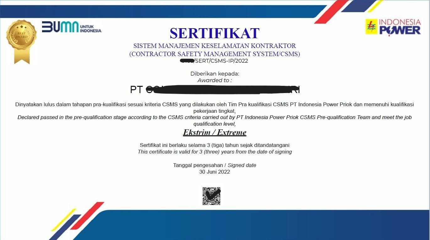 Contoh sertifikat CSMS — Indonesia Power