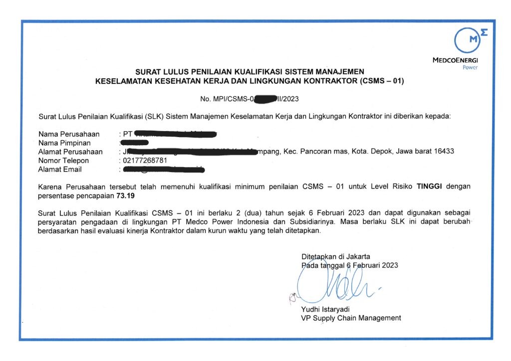 Contoh sertifikat CSMS — Medco