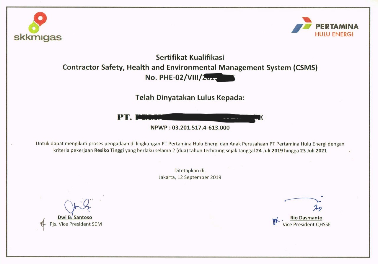 Contoh sertifikat CSMS — Pertamina Hulu Energi